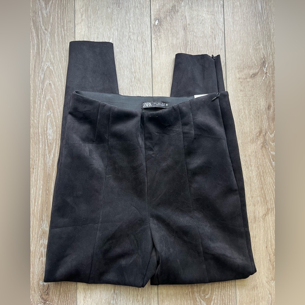 Zara Faux Suede Black Leggings, Zipper Hem - Picture 7 of 15